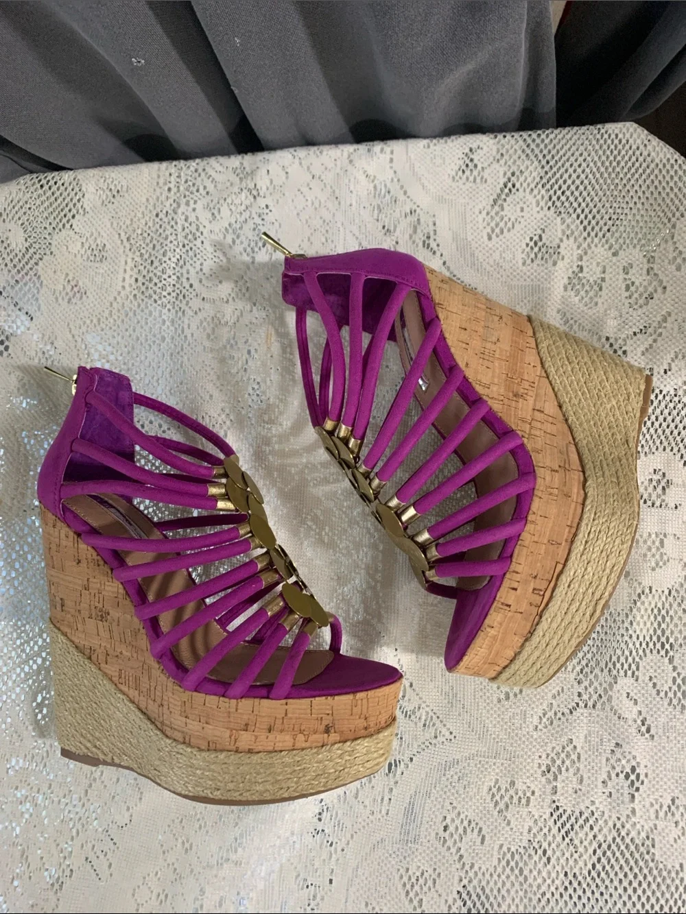H by Halston Fuchsia Strappy Wedge Sandals with Gold Discs
